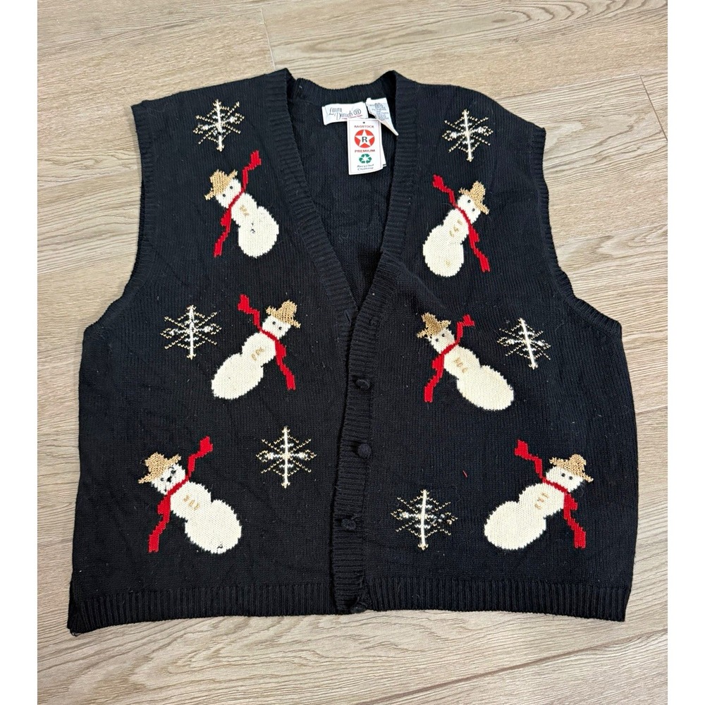 Laura Daniels Black V‑Neck Snowman Christmas Knit Sweater Vest Button Front 3x